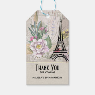 Étiquettes-cadeau Anniversaire vintage de fleurs, de Tour Eiffel et