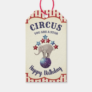Étiquettes-cadeau Anniversaire vintage d'éléphant de cirque