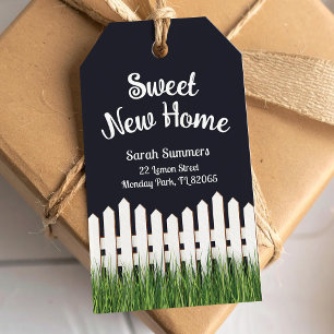 Étiquettes-cadeau Annonce de nouvelle adresse avec clôture blanche
