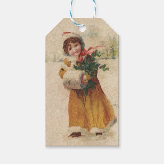 Étiquettes-cadeau Antique Fille de Noël Enfant d'hiver (Devant)