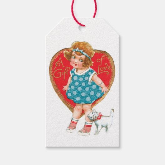 Étiquettes-cadeau Antique Valentine fille avec Kitten (Devant)