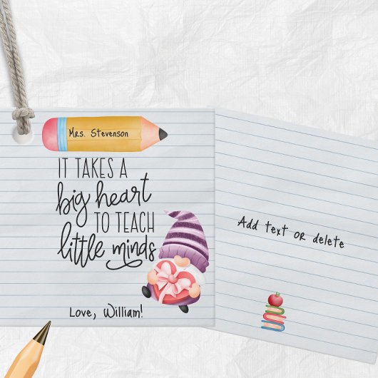 Étiquettes Cadeau Appréciation de l'enseignant Gnome avec coeur