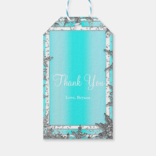 Étiquettes-cadeau Aqua Bleu & Flocons de Neige Hivernaux Argentés Él
