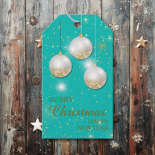 Étiquettes-cadeau Aqua Blue Gold Parties scintillant Christmas Bulbs