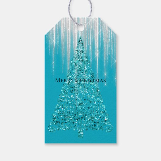 Étiquettes-cadeau Aqua Blue Icicles Sparkle Christmas Tree (Devant)