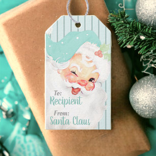 Étiquettes-cadeau Aqua Blue Vintage Winking Noël du Père Noël
