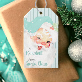 Étiquettes-cadeau Aqua Blue Vintage Winking Noël du Père Noël