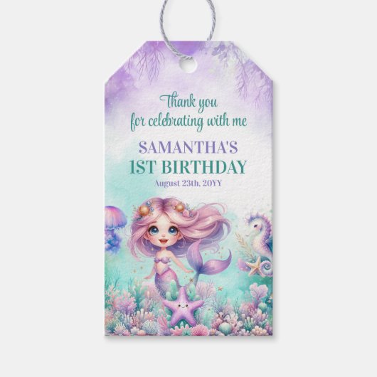 Étiquettes-cadeau Aqua Green violet Petite fille sirène 1er annivers (Devant)