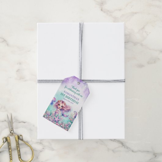 Étiquettes-cadeau Aqua Green violet Petite fille sirène 1er annivers (Avec de la ficelle)
