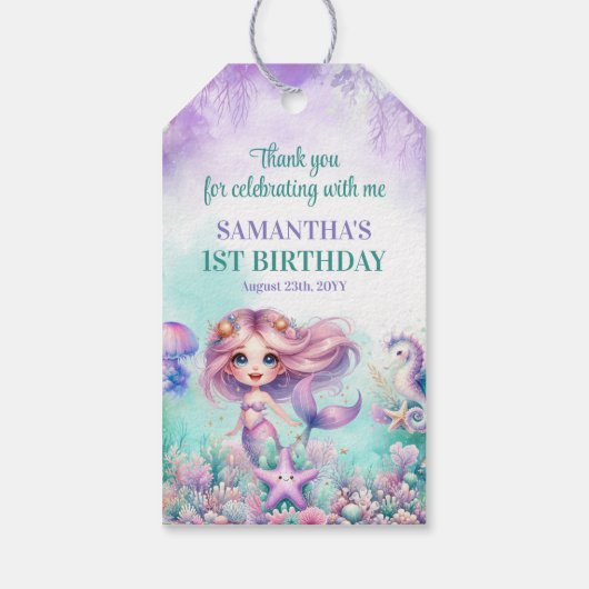 Étiquettes-cadeau Aqua Green violet Petite fille sirène 1er annivers (Dos)
