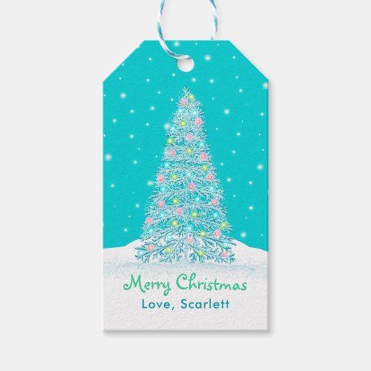 Étiquettes-cadeau Aqua Turquoise clair Décoré Noël (Devant)