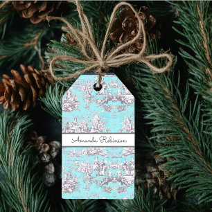 Étiquettes-cadeau Aqua vintage fleuri bleu toile de jouy monogramme