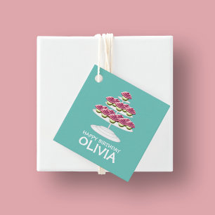 Étiquettes Cadeau Aqua White Et Rose Cupcake Tower Joyeux Anniversai