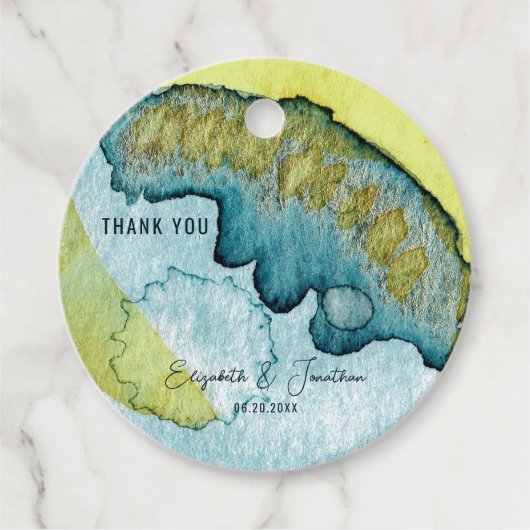 Étiquettes Cadeau Aquarelle Abstraite bleu Jaune Art Mariage unique (Devant)
