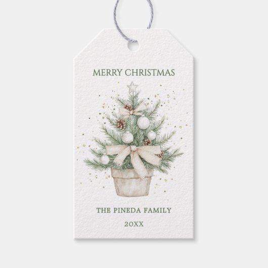 Étiquettes-cadeau Aquarelle Arbre de Noël à pots rustiques (Devant)