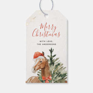 Étiquettes-cadeau Aquarelle Arbre de Noël Père Noël Horse