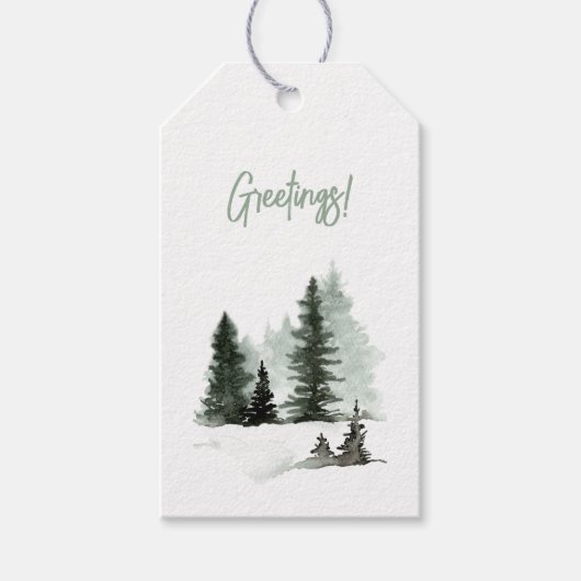 Étiquettes-cadeau Aquarelle Arbre de Noël Scène d'hiver Salutations (Devant)
