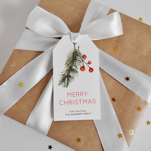 Étiquettes-cadeau Aquarelle Baies de pin vert et rouge Noël