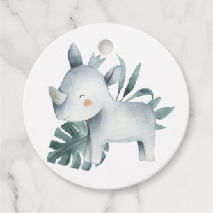 Étiquettes Cadeau Aquarelle Bébé Rhinoceros Prince Jungle Anniversai