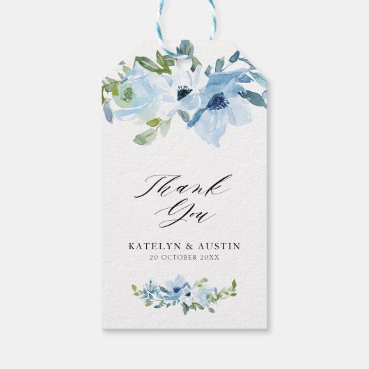 Étiquettes-cadeau aquarelle bleu clair mariage floral (Dos)