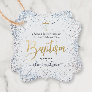 Étiquettes Cadeau Aquarelle Bleu Et Or Merci Baptême Garçon