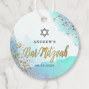 Étiquettes Cadeau Aquarelle bleu et or Star de David Bar Mitzvah