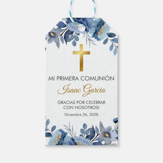 Étiquettes-cadeau Aquarelle bleu Fleurs en première communion espagn (Devant)