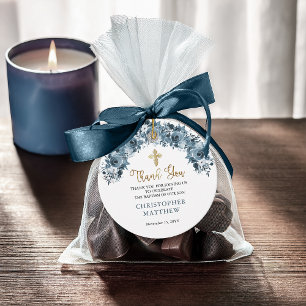 Étiquettes Cadeau Aquarelle bleu or Floral Boy Baptême Merci