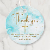 Étiquettes Cadeau Aquarelle bleue Croix or Baptême Merci Favor (Devant)