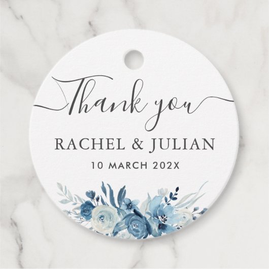 Étiquettes Cadeau Aquarelle bleue florale merci mariage (Devant)