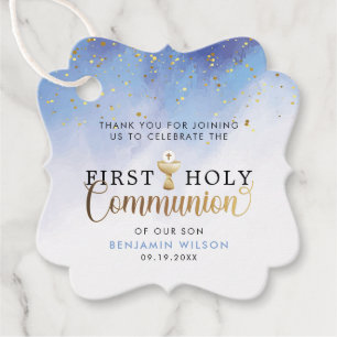 Étiquettes Cadeau Aquarelle bleue Premier Merci de communion