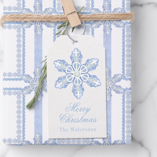 Étiquettes-cadeau Aquarelle Blue Designer Snowflon Noël