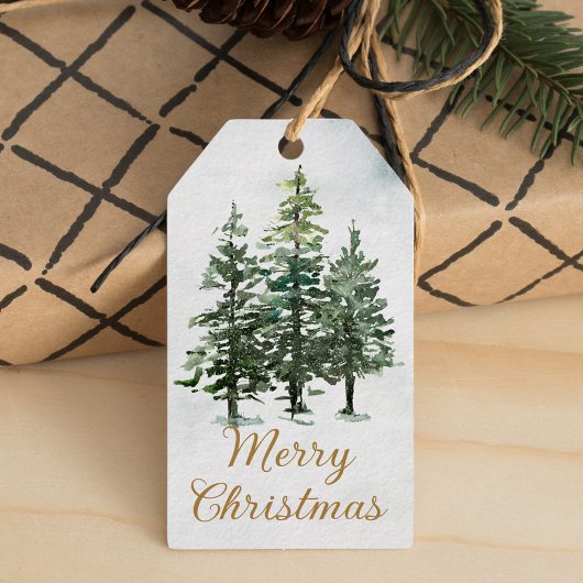 Étiquettes-cadeau Aquarelle Bois rustique Pins Noël