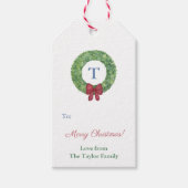Étiquettes-cadeau Aquarelle Boxwood Wreath Red Bow Joyeux Noël (Devant)