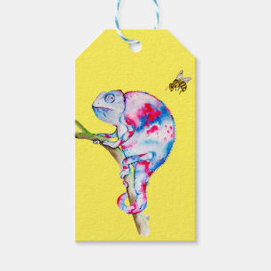 Étiquettes-cadeau Aquarelle brillante colorée caméléon et abeille