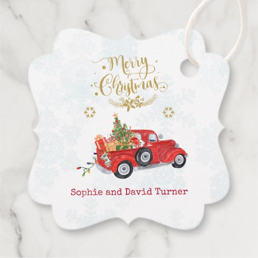 Étiquettes Cadeau Aquarelle Camion de Noël Joyeux Noël Script (Dos)