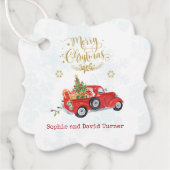 Étiquettes Cadeau Aquarelle Camion de Noël Joyeux Noël Script (Devant)