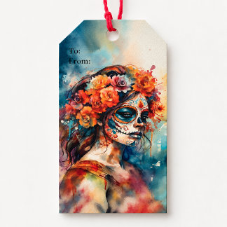 Étiquettes-cadeau Aquarelle Catrina Dia de los Muertos Crâne de Sucr