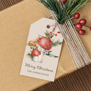 Étiquettes-cadeau Aquarelle Champignons de Noël Bois rustique