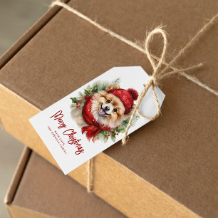 Étiquettes-cadeau Aquarelle Chien de Poméranie de Noël