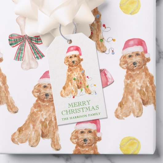 Étiquettes-cadeau Aquarelle Chien Père Noël de Noël