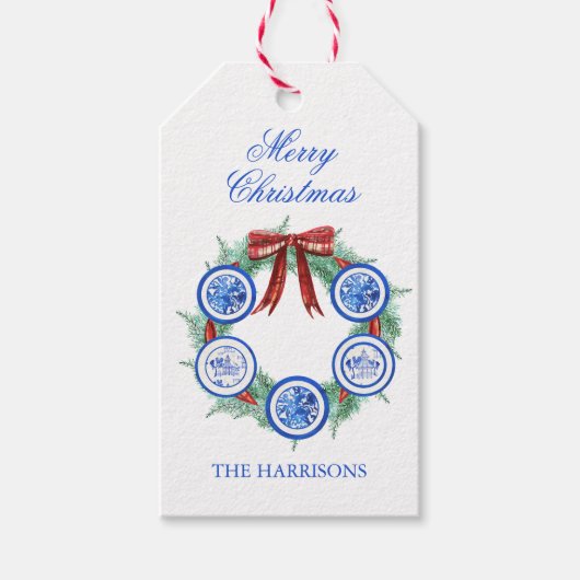 Étiquettes-cadeau Aquarelle Chinoiserie Plaques Wreath Noël (Devant)