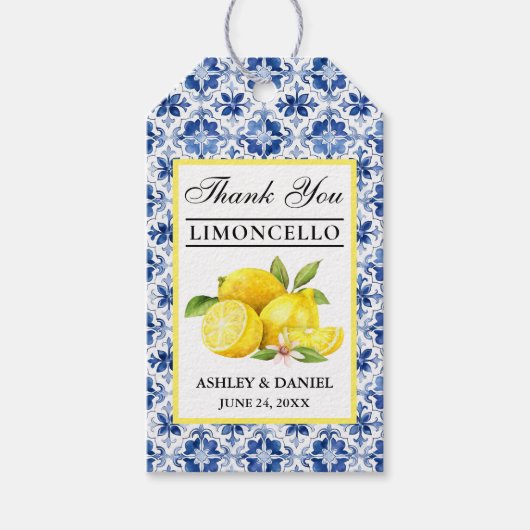 Étiquettes-cadeau Aquarelle Citrons Carrelage bleu Limoncello Merci (Devant)