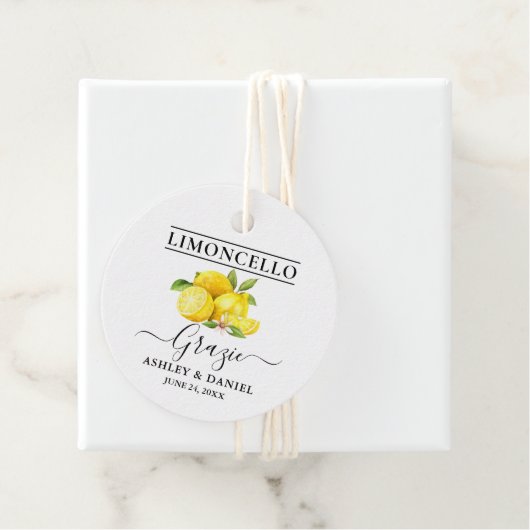 Étiquettes Cadeau Aquarelle Citrons Limoncello Mariage Grazie Round (En situation)