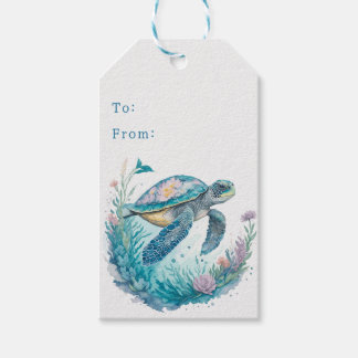 Étiquettes-cadeau Aquarelle de la tortue marine de Noël côtière