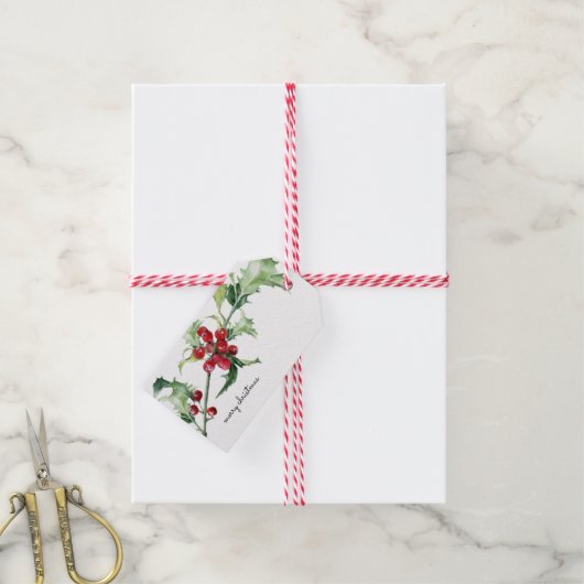 Étiquettes-cadeau Aquarelle de Noël Holly Berries Scrip (With Twine)