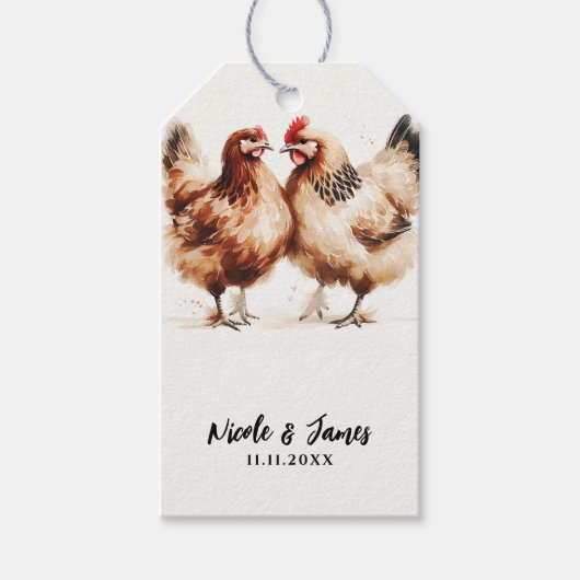 Étiquettes-cadeau Aquarelle de poulet Brown Mariage rustique (Devant)