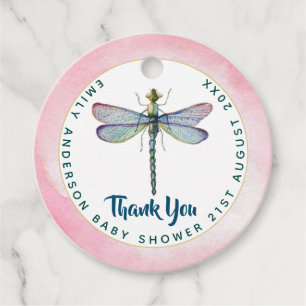 Étiquettes Cadeau Aquarelle DRAGONFLY Merci Baby shower rose Blu