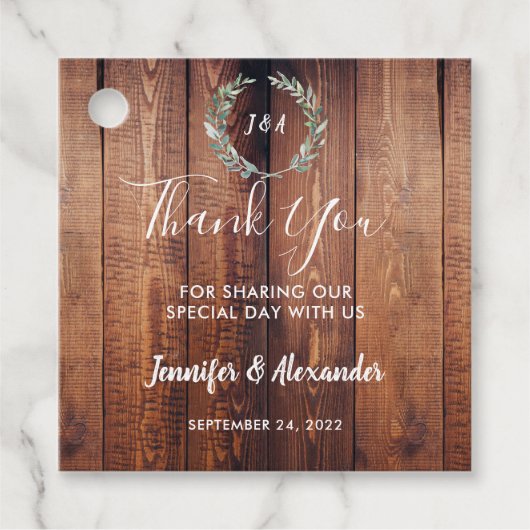 Étiquettes Cadeau Aquarelle feuille bois rustique monogramme merci (Devant)