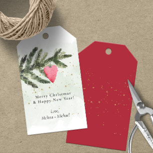 Étiquettes-cadeau Aquarelle Fir Tree & Red Heart Ornament Cadeaux Ta